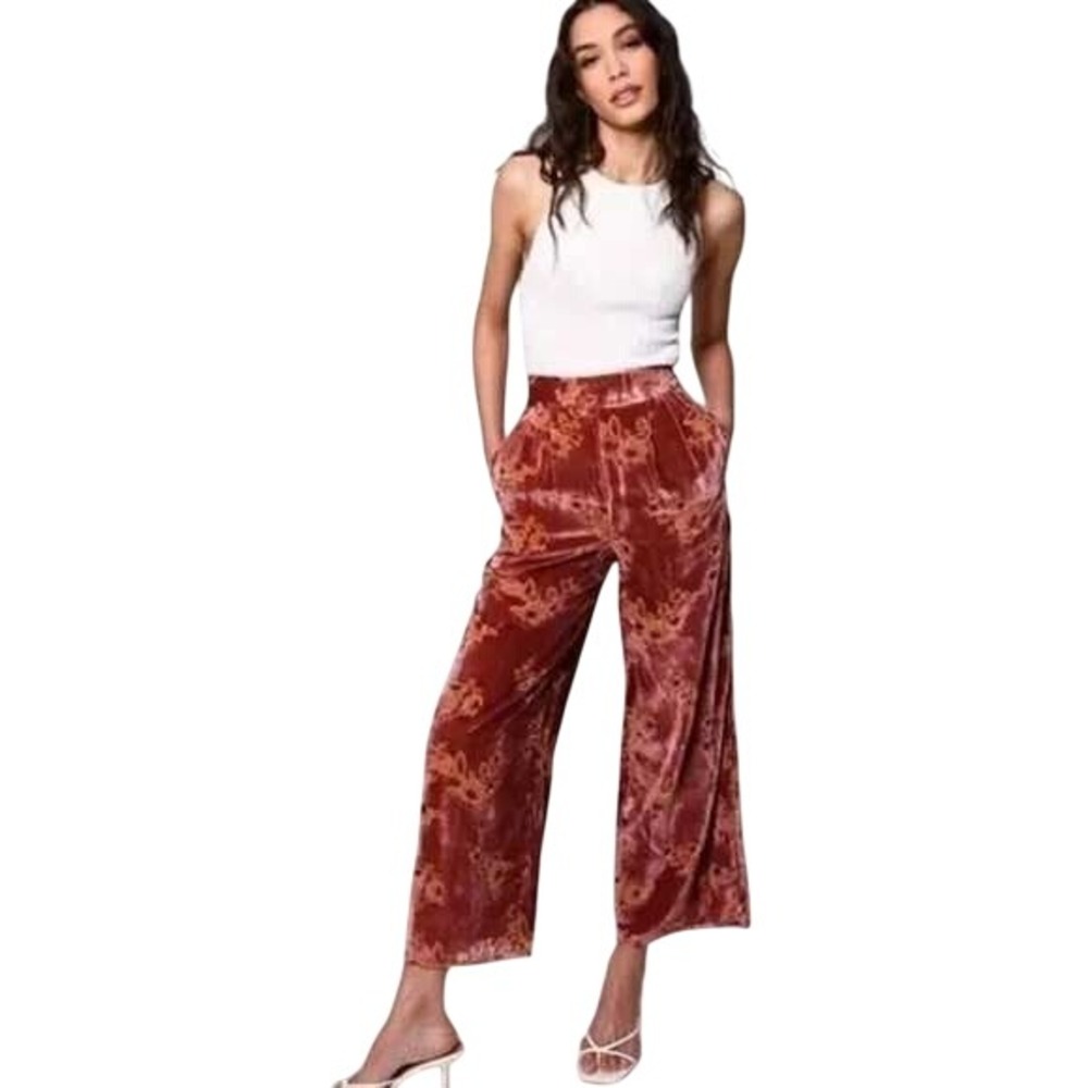 Hutch Women's Velvet Floral Flowy Wide Leg Romantic Boho Chic Wide Leg Pants  XS